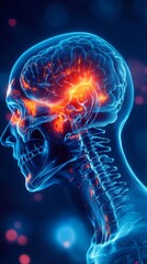 Illustration of human head pain, with a blue background and a glowing red and orange area around the joint in focus