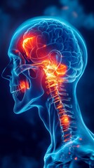 Illustration of human head pain, with a blue background and a glowing red and orange area around the joint in focus
