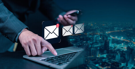New email notification concept for business email communication. Businessman touching email on...