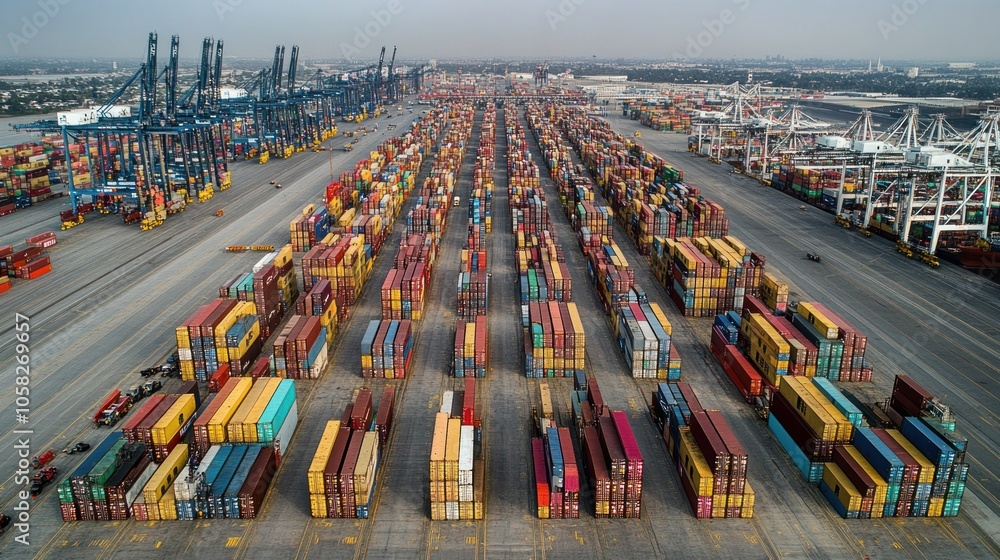 Aufkleber aerial view of a busy shipping port with numerous stacked containers and cranes.
