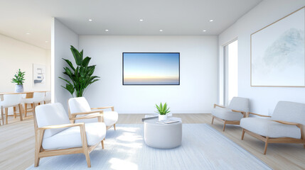 Modern living room with ergonomic furniture, large windows, and plants