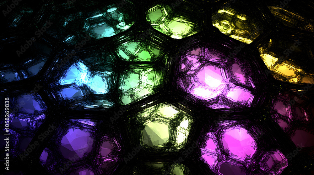 Poster Abstract hexagonal pattern with colorful, glowing cells in the dark.