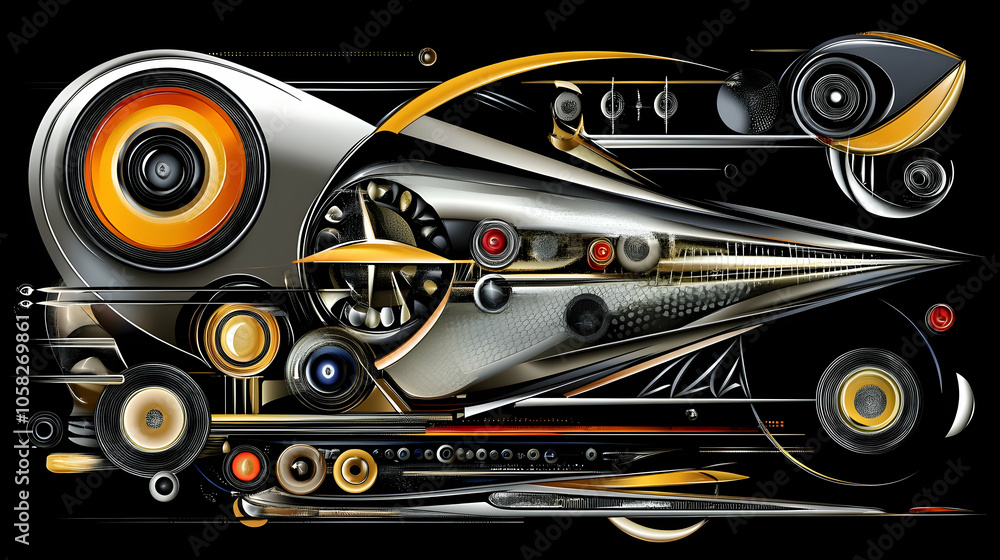 Poster abstract metallic and gold design with geometric shapes and circular elements.
