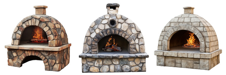 A traditional wood-fired pizza oven made of stone, isolated on a transparent background