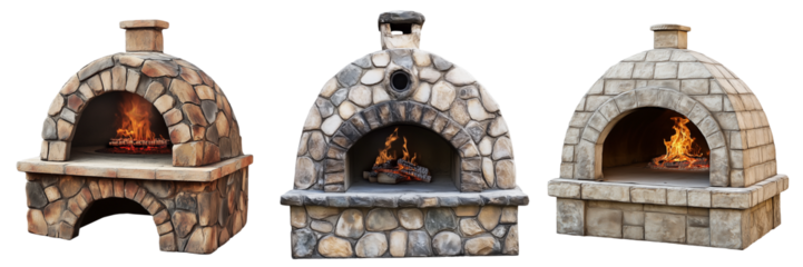 A traditional wood-fired pizza oven made of stone, isolated on a transparent background