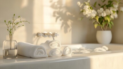 Relaxing Bathroom with Towels and Flowers
