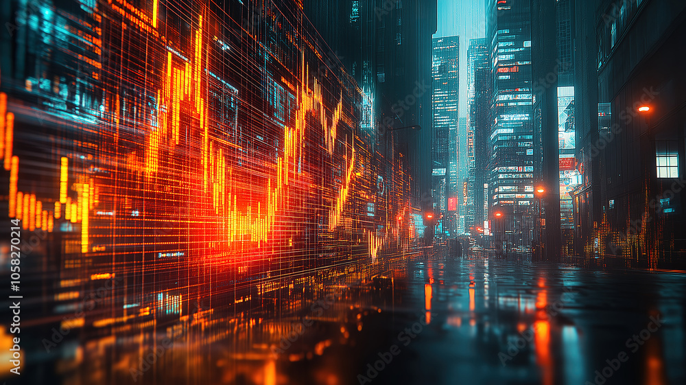 Aufkleber concept of a market crash visualized through double exposure of declining graphs and a cityscape