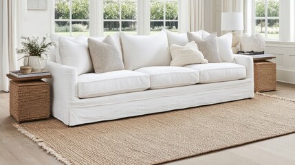 Fototapeta premium Cozy White Sofa in Bright Living Room Setting