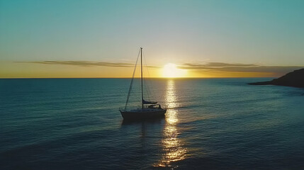 Fototapeta premium Sailboat at sunset on the open ocean.