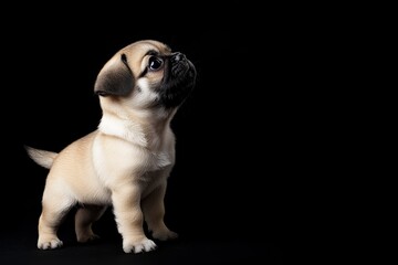 Obraz premium the beside view baby Pug standing, left side view, low angle, white copy space on right, Isolated on black Background