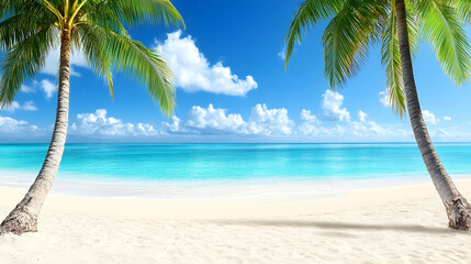 Obraz premium Two palm trees frame a pristine white sand beach and turquoise ocean under a blue sky with white clouds.