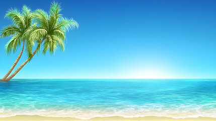 Fototapeta premium Two palm trees stand on a sandy beach with turquoise water and a bright blue sky.
