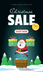 Christmas Sale Poster with Santa jumps up from the chimney carrying a gift box