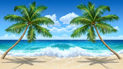 Fototapeta premium Two palm trees stand tall on a white sandy beach with blue ocean and sky in the background.