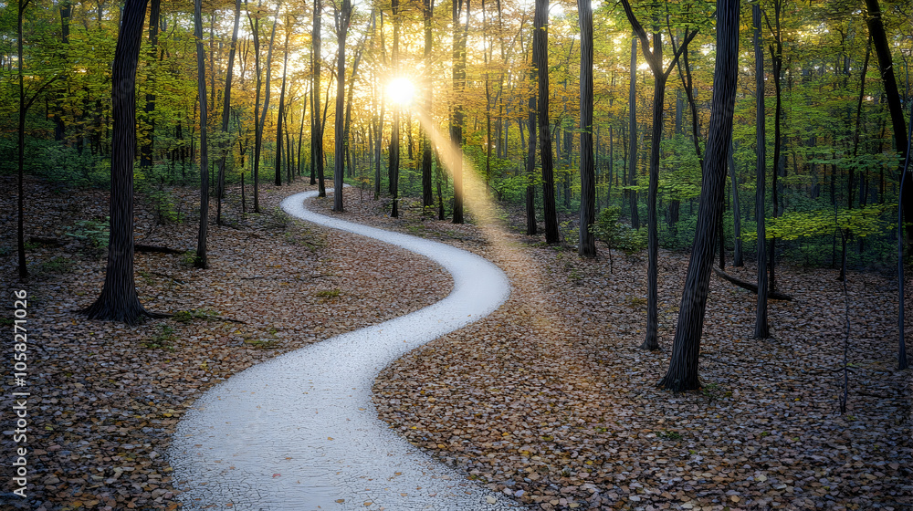 Poster winding path through a forest with sunlight shining through the trees.