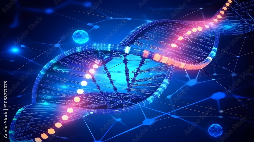 Poster a 3d rendering of a dna double helix with glowing spheres on a dark blue background.