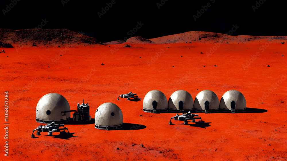 Poster a futuristic colony on mars with white domed structures and robotic vehicles exploring the red lands