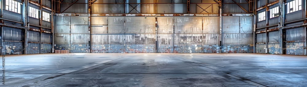 Poster a large empty warehouse with a lot of space and a lot of windows