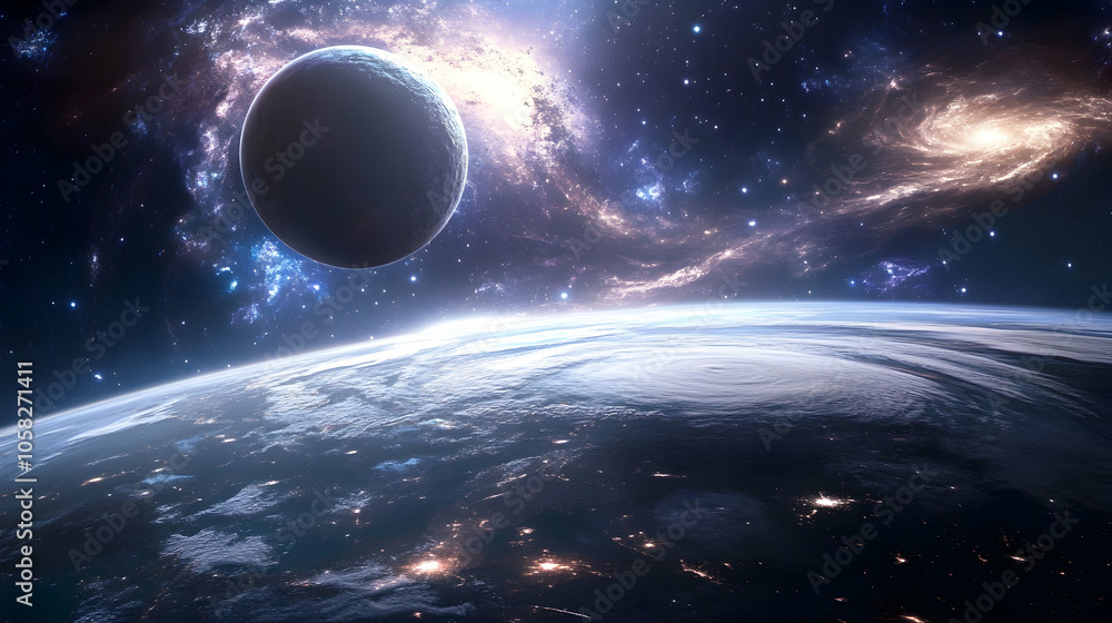 Poster a planet in the vast expanse of space, with another planet and a swirling nebula in the background.