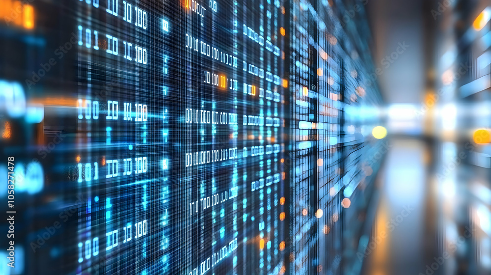 Poster a server room with rows of servers lit up with glowing blue and orange lights, displaying data strea