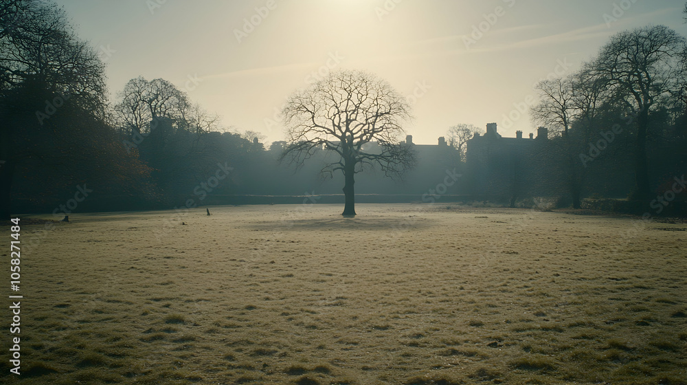 Poster a single bare tree stands in a frosty field with a hazy background of a forest and buildings.