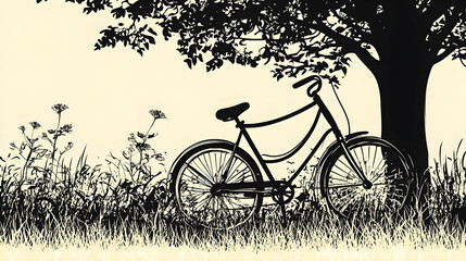 Obraz premium A silhouette of a bicycle leaning against a tree in a grassy field.