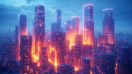 Obraz premium Futuristic cityscape illuminated by vibrant lights at dusk.