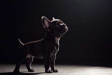 the beside view baby French Bulldog standing, left side view, low angle, white copy space on right, Isolated on black Background