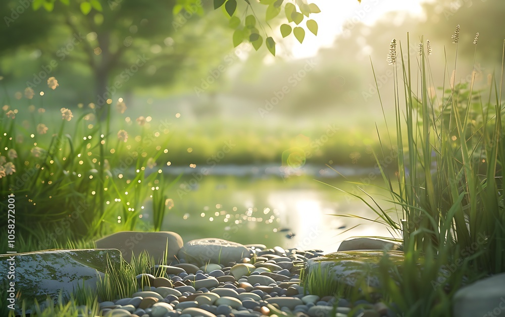 Poster a serene natural scene featuring a tranquil stream surrounded by lush greenery and smooth stones, il