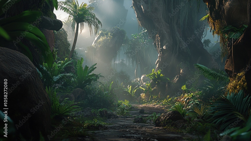 Poster a mystical jungle path illuminated by sunlight filtering through the canopy.