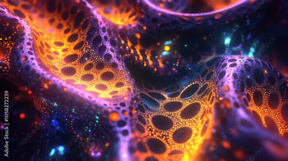 Poster holographic 3d structures with intricate designs and glowing accents, creating a sense of depth