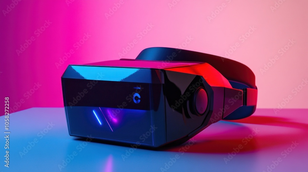 Poster a sleek virtual reality headset on a colorful background.