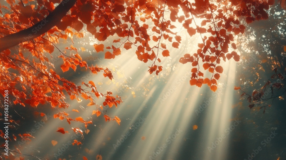 Poster sunlight filtering through autumn leaves, creating a serene and warm atmosphere.