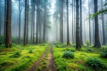 Fototapeta premium A misty forest with tall trees and overgrown underbrush, with a few animal tracks visible on the ground., outdoor adventure, wildlife habitat, forest hike, natural scenery