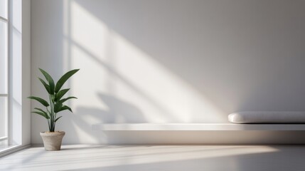 Hyper-realistic minimalist living room, featuring soft natural light, a single potted plant