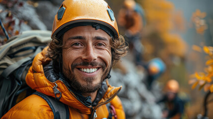 happy man smiling when climbing gear and helmet, rope activity .
