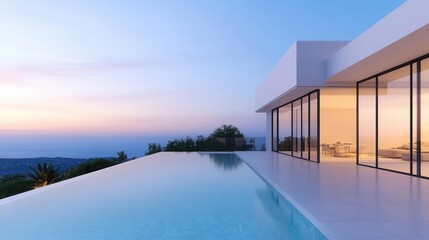 Luxury villa with infinity pool, expansive glass walls, and ocean views, sunset lighting, ultrarealistic photo, wideangle shot for dramatic effect