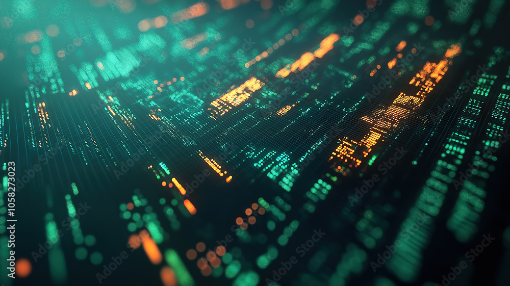Poster visualizing stock market data with technology backgrounds and chart screens