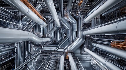 A panoramic image capturing the intricate network of complex pipelines at a modern fuel refinery plant