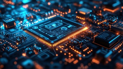 Close-up of a circuit board with glowing components and connections.