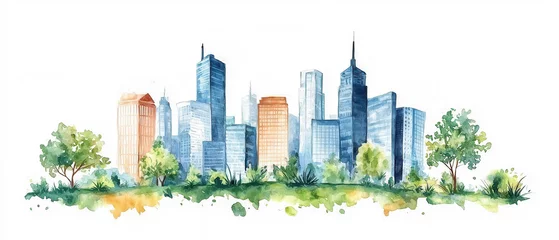 A vibrant watercolor city skyline flanked by greenery, showcasing modern skyscrapers against a bright, white background.