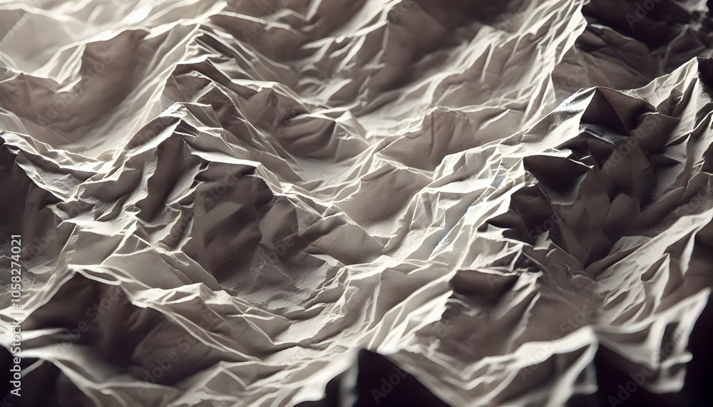 Poster a close-up of crumpled paper resembling mountainous terrain, showcasing intricate textures and shado