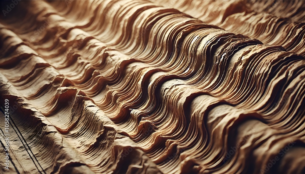 Aufkleber close-up of folded paper or fabric, showcasing intricate, wavy textures that create a sense of depth