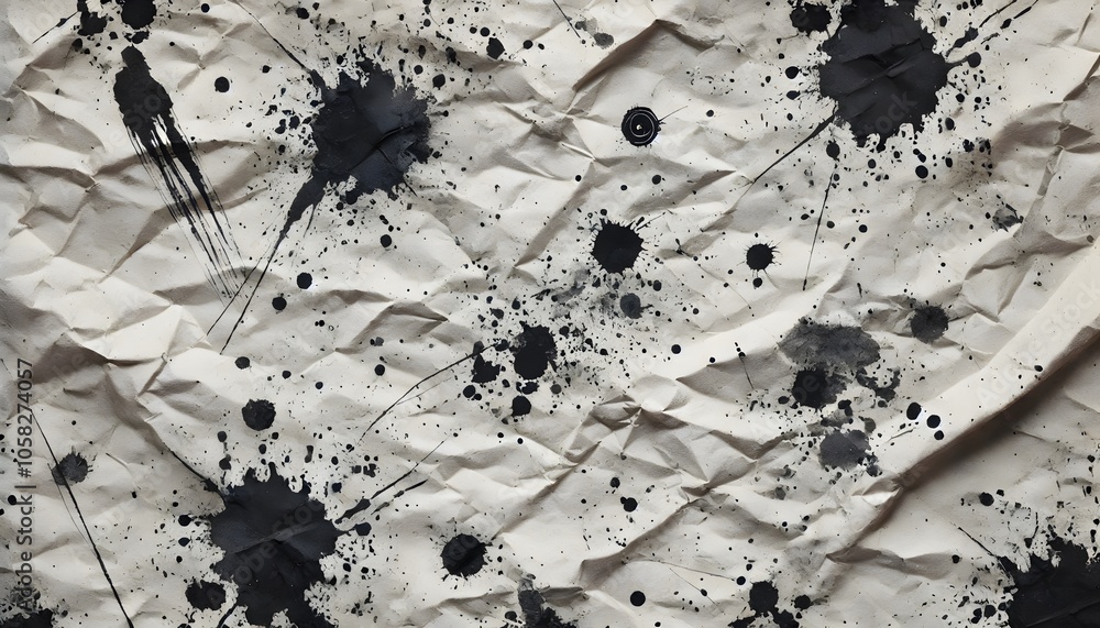 Poster A wrinkled, beige paper background splattered with black ink blots, creating an artistic and textured visual effect.