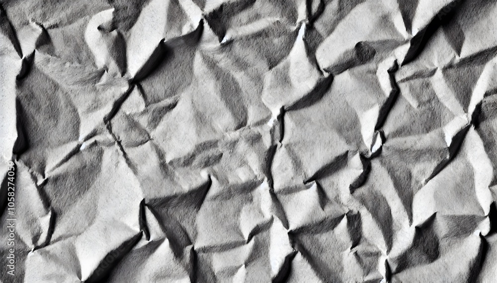 Poster a close-up view of crumpled paper, showcasing its textured creases and shades of gray, creating an a