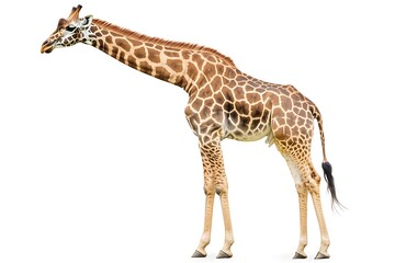 Obraz premium Full-body profile of a giraffe standing against a white backdrop, showcasing its distinctive coat and graceful posture
