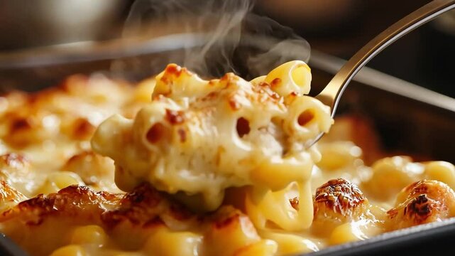 A close-up shot of a spoonful of hot, cheesy macaroni and cheese, steaming and bubbling, captures the irresistible comfort and deliciousness of this classic dish.