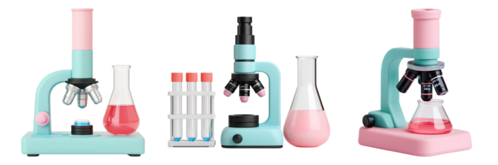 Innovative Laboratory Equipment Collection Featuring Colorful Microscopes and Glassware on Transparent Background