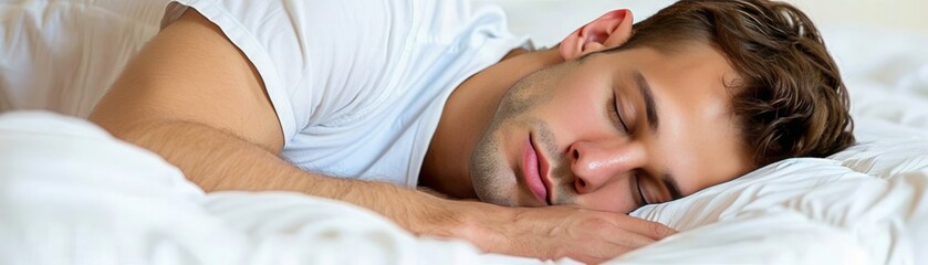 A man is sleeping on a bed with his head resting on a pillow