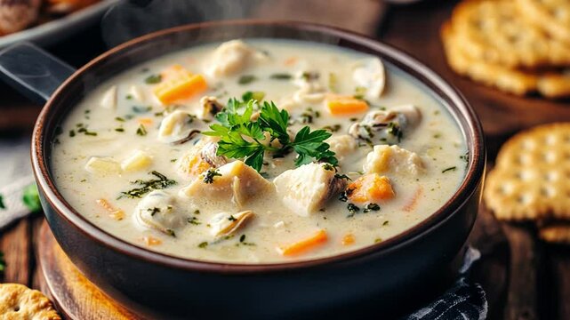  A close-up of a steaming bowl of creamy clam chowder, garnished with fresh parsley, and served with crackers. The rich.